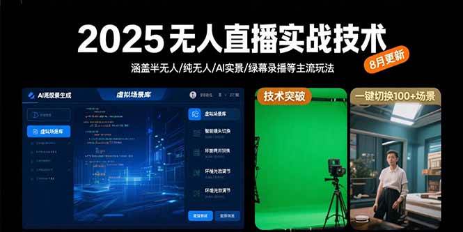 （15621期）2025无人直播实战技术-8月，涵盖半无人/纯无人/AI实景/绿幕录播等主流玩法-LanTi云网创