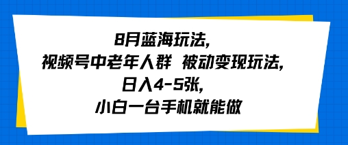 8月蓝海玩法，视频号中老年人群 被动变现玩法，日入4-5张，小白一台手机就能做-LanTi云网创