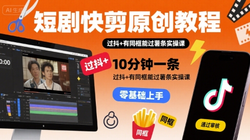 短剧快剪原创教程，10分钟一条，过抖+有同框能过薯条实操课-LanTi云网创